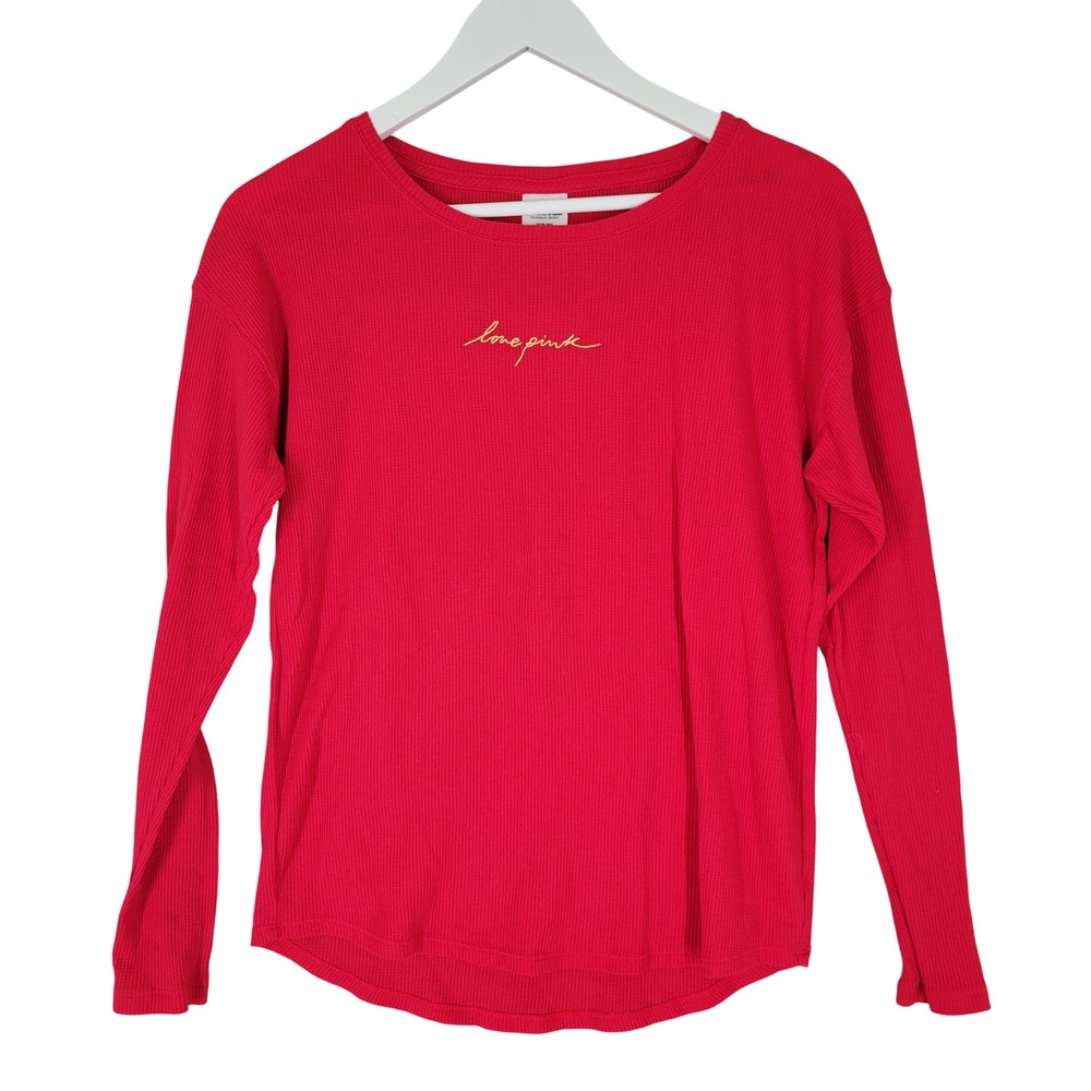 PINK Victoria's Secret Waffle Knit Top Womens Medium Red Love Pink Long Sleeve